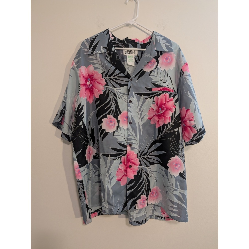 VTG Hilo Hattie Hawaiian Shirt Men's 3XL Gray Pink Tropical Flowers Short Sleeve